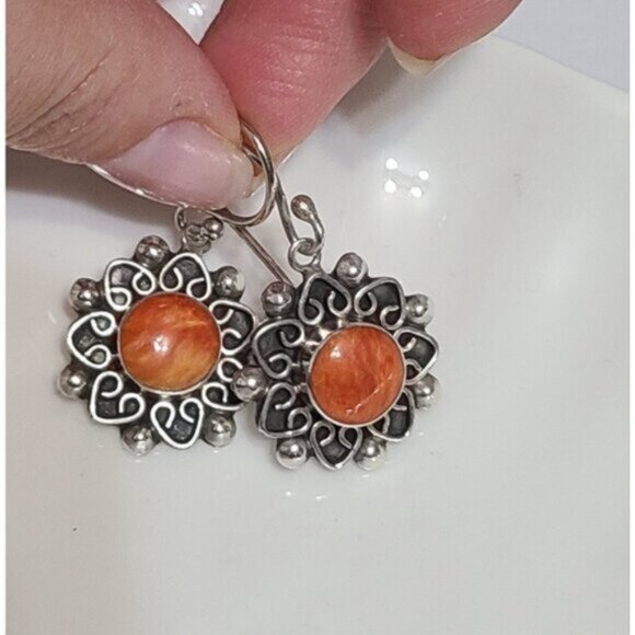 Vintage Sterling Silver Boho Moroccan Orange Sunstone Flower Drop Dangle Earring - Picture 6 of 8